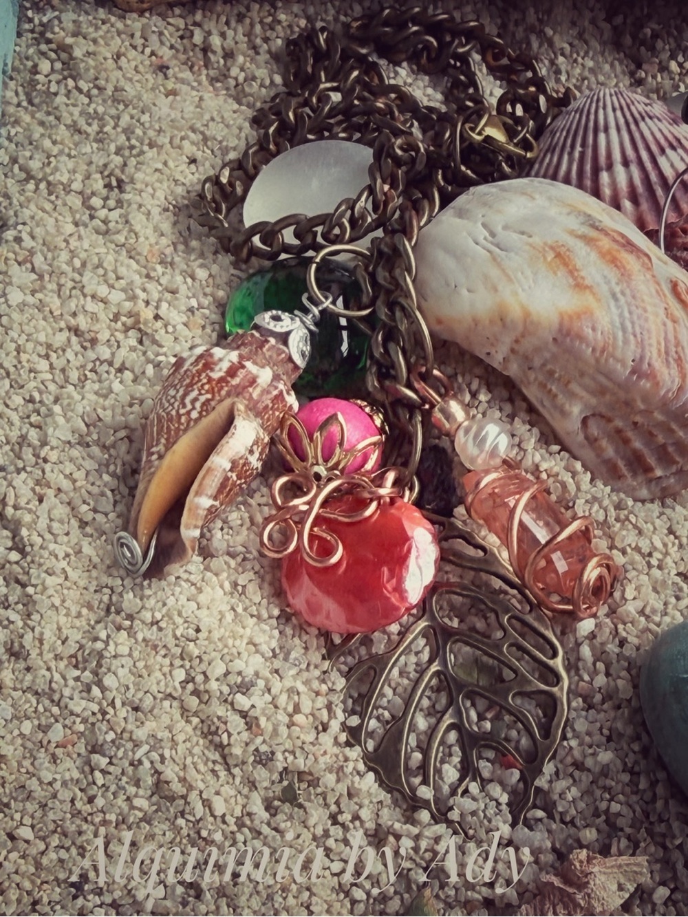 SHELLS AND PEARLS Boho Charm Necklace with Red, Pink, Green and Gold Accents